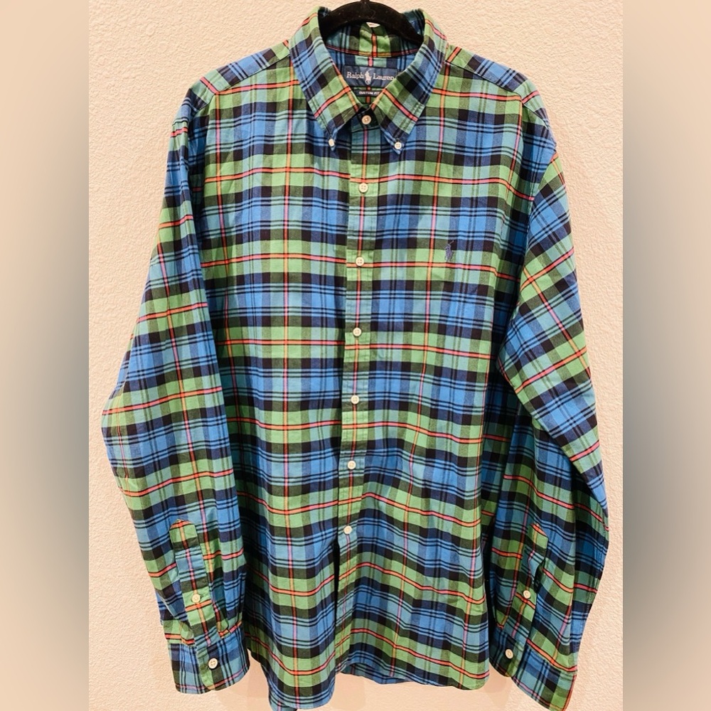 Ralph Lauren Green and Blue Plaid Casual Button Down Shirt